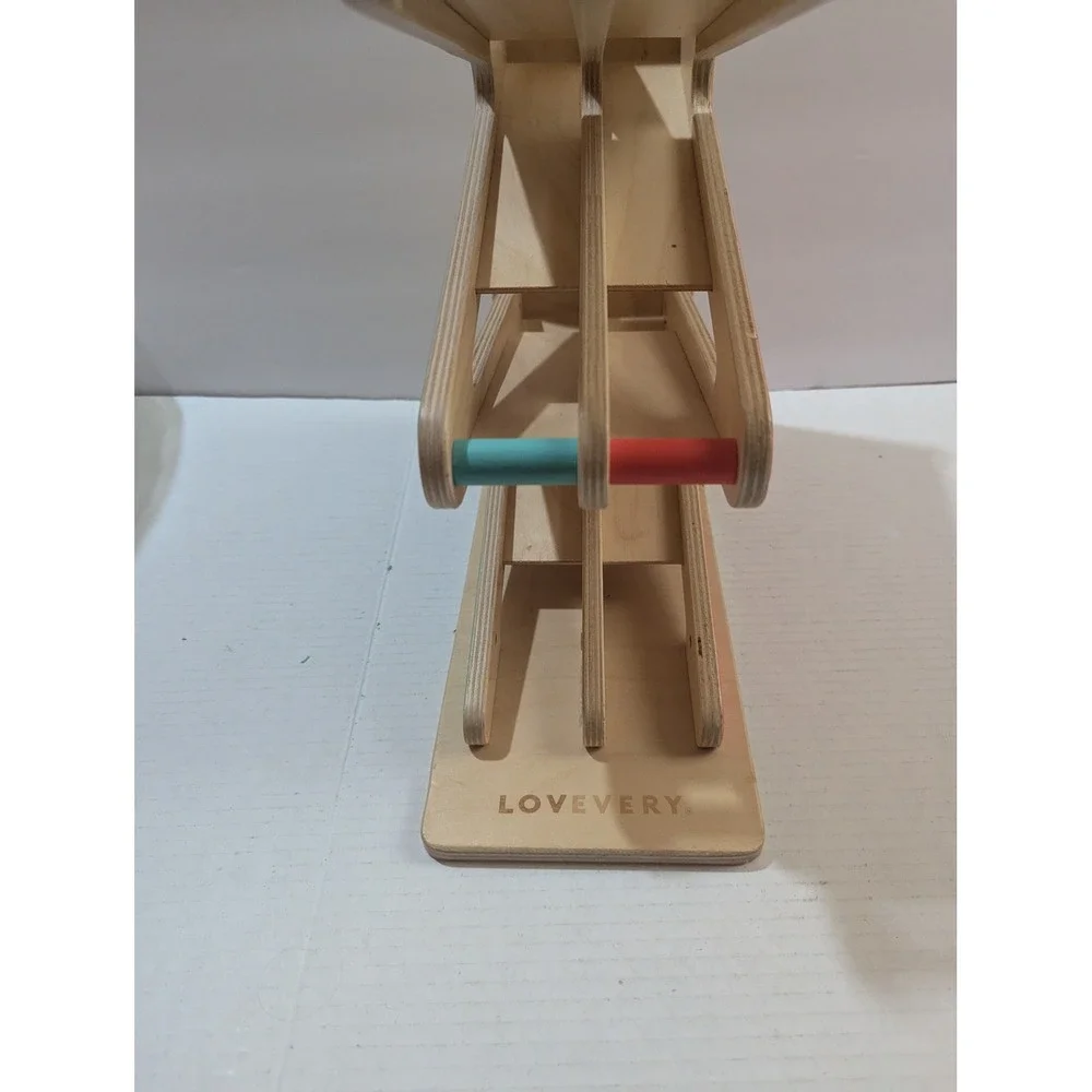 Lovevery Wooden Race Track Zig-Zag Car Ramp Toddler Toy with 2 Cars Teal Natural